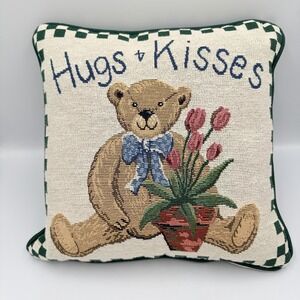 VTG Teddy Bear Needlepoint Pillow 12x12 Hugs & Kisses Floral Cottagecore